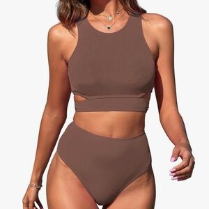 Zaful Brown Racerback Bikini Set High-Waisted